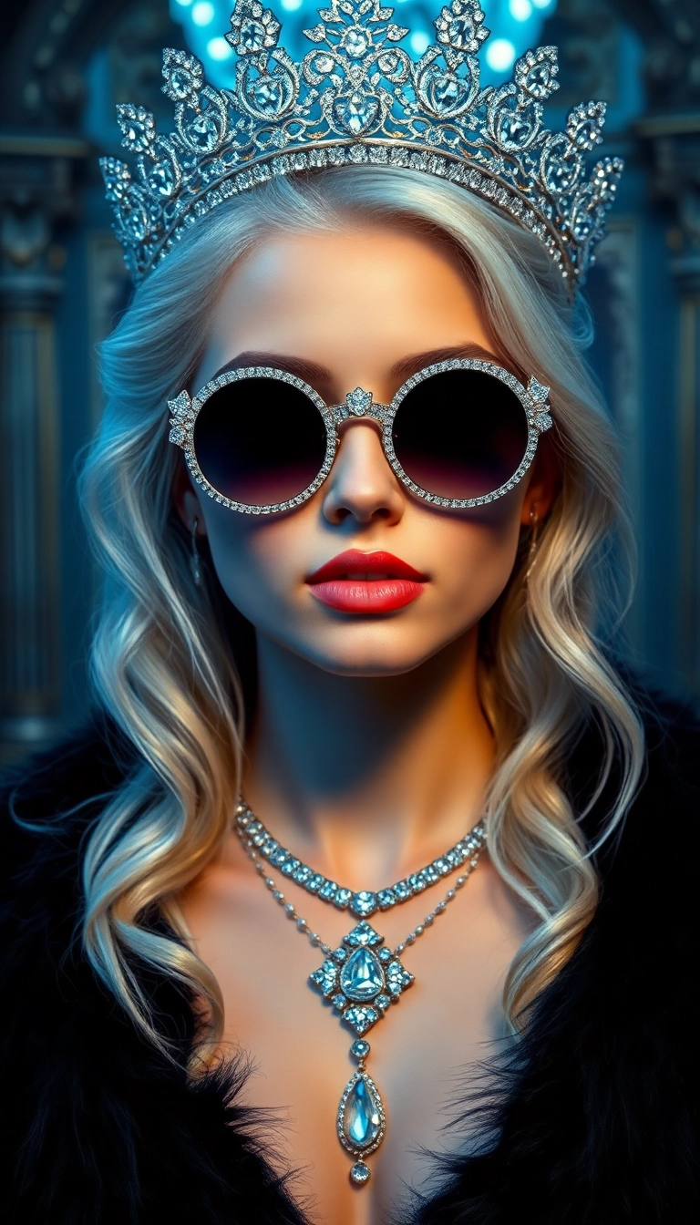 HD iPhone AI Young Platinum Blonde Queen in Black Fur Professional Background Royalty-Free Image